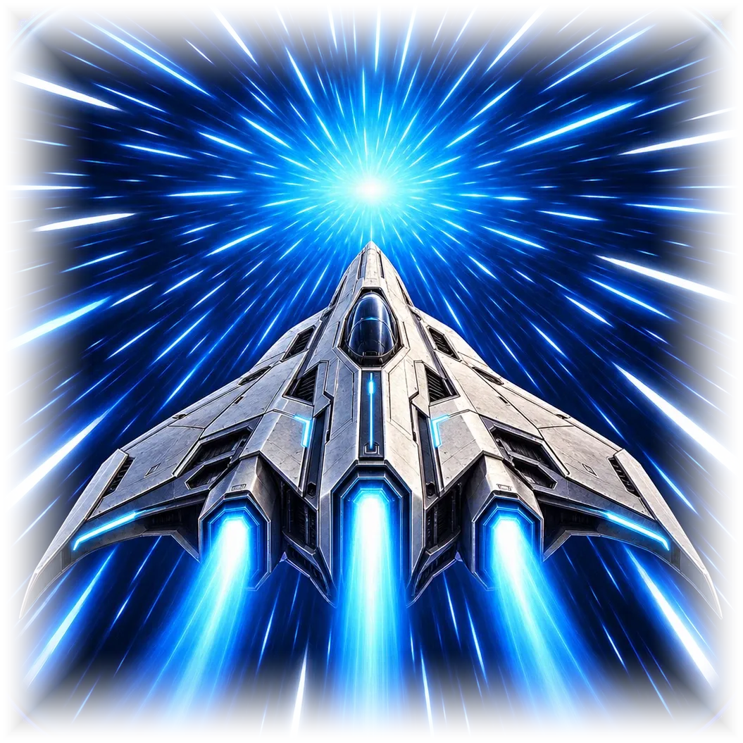 A silver spacecraft with 3 blue engines flying out of a burst of light